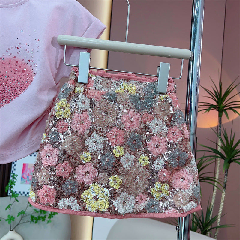 Round Neck Sequin Flora Skirt