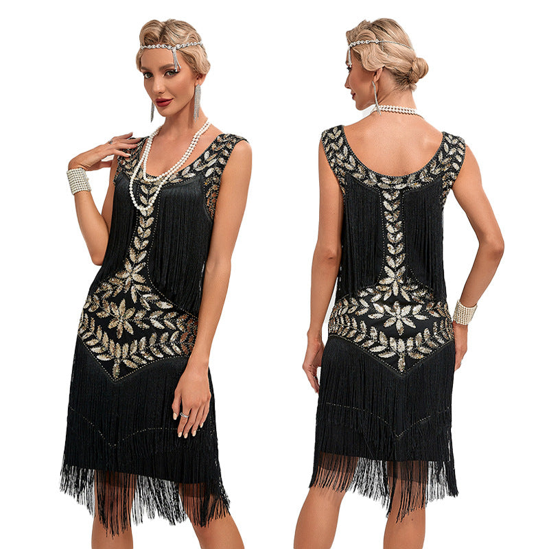 round neck sequined beaded embroidered tassel vest plus size dress