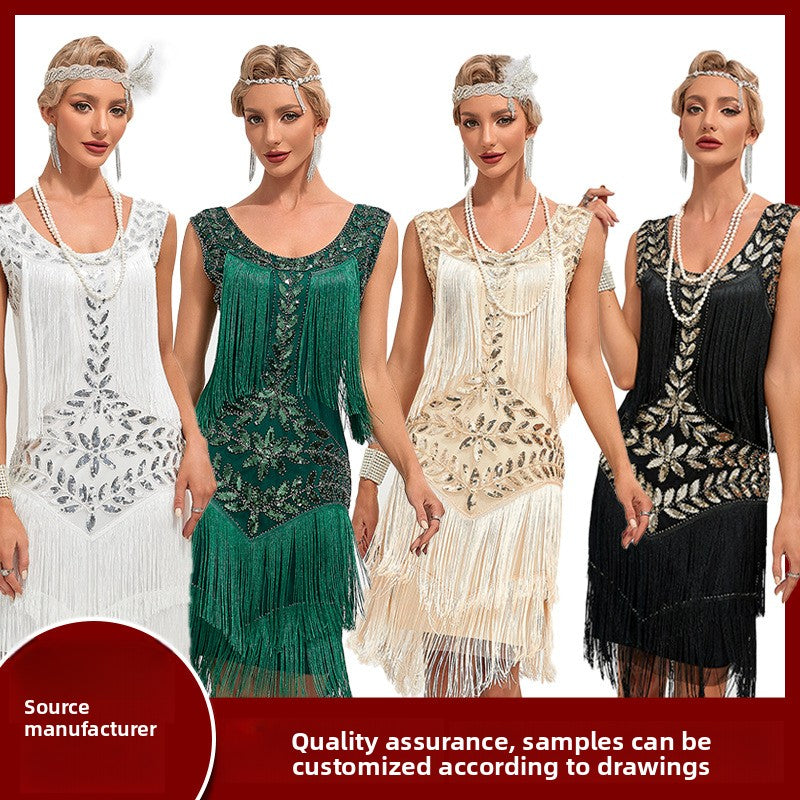 round neck sequined beaded embroidered tassel vest plus size dress