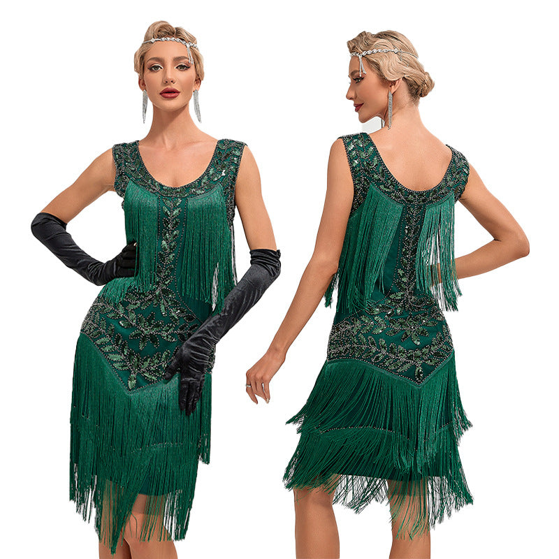 round neck sequined beaded embroidered tassel vest plus size dress