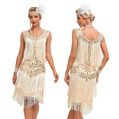 round neck sequined beaded embroidered tassel vest plus size dress