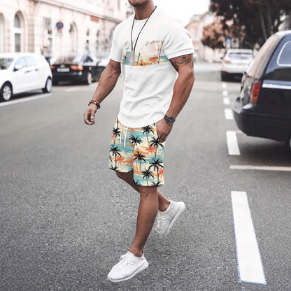Round Neck Short Sleeve Printed T-Shirt Shorts