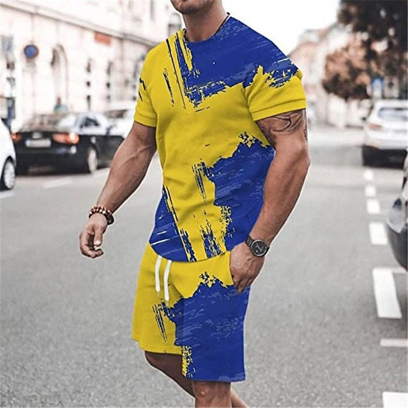 Round Neck Short Sleeve Printed T-Shirt Shorts
