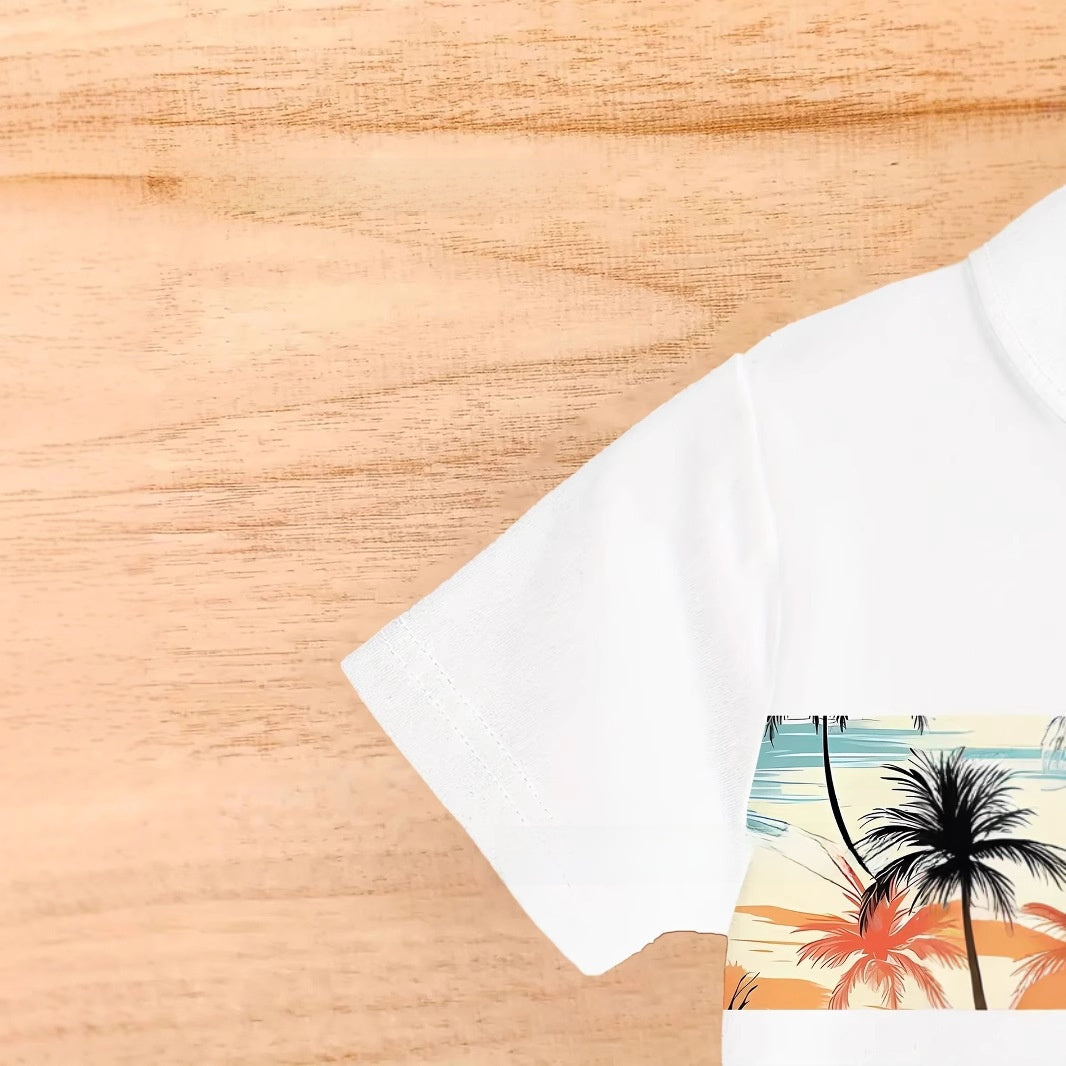 Round Neck Short Sleeve Printed T-Shirt Shorts
