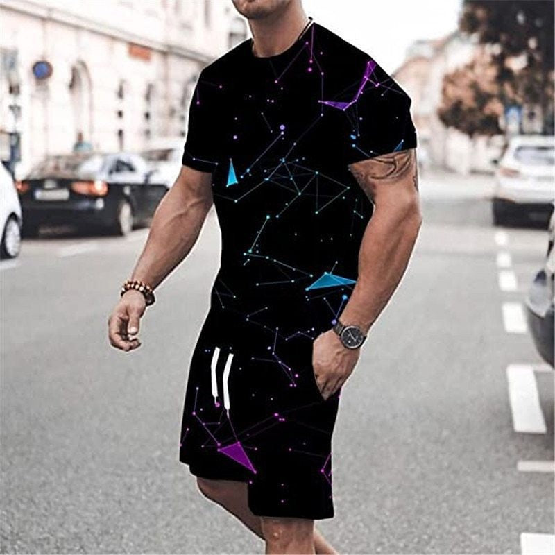 Round Neck Short Sleeve Printed T-Shirt Shorts
