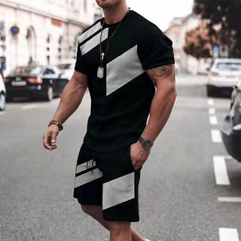 Round Neck Short Sleeve Printed T-Shirt Shorts