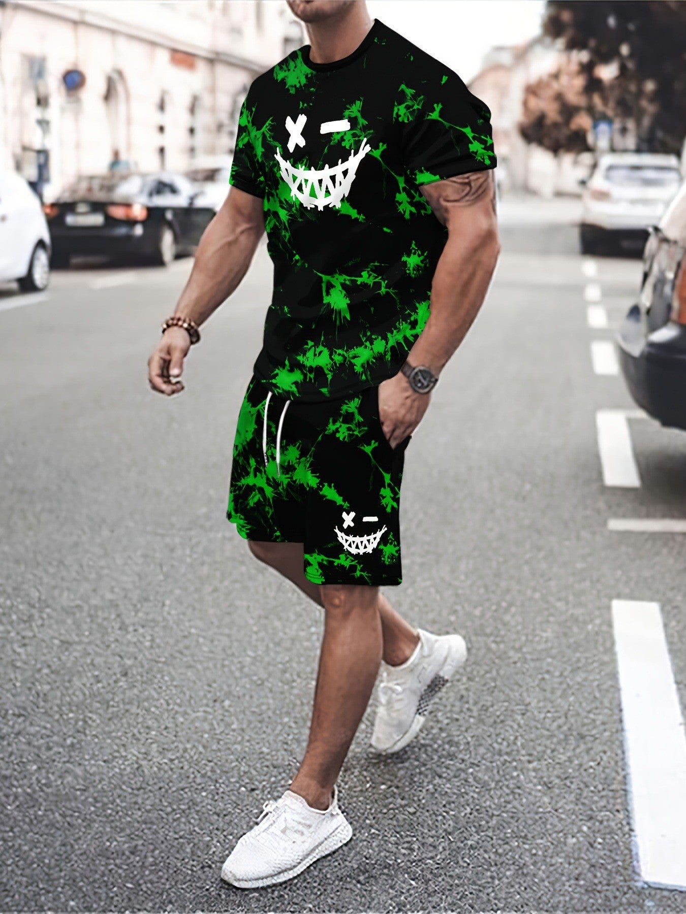 Round Neck Short Sleeve Printed T-Shirt Shorts Suit