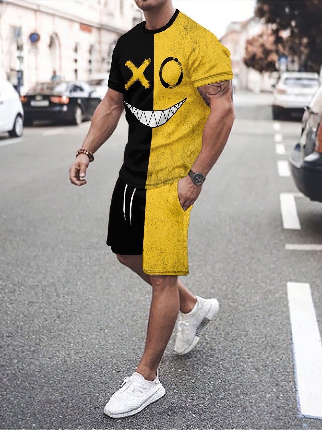 Round Neck Short Sleeve Printed T-Shirt Shorts Suit