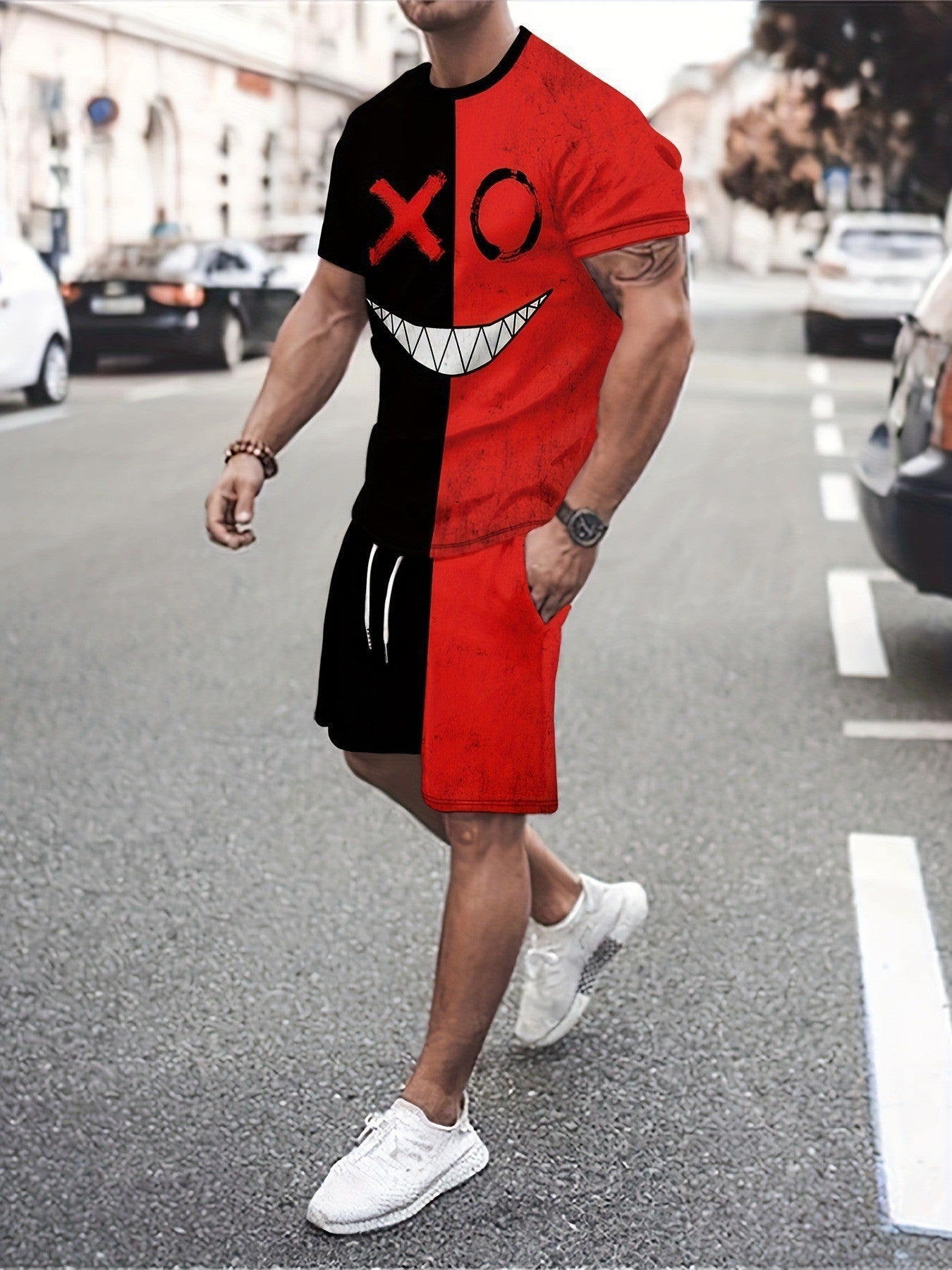 Round Neck Short Sleeve Printed T-Shirt Shorts Suit