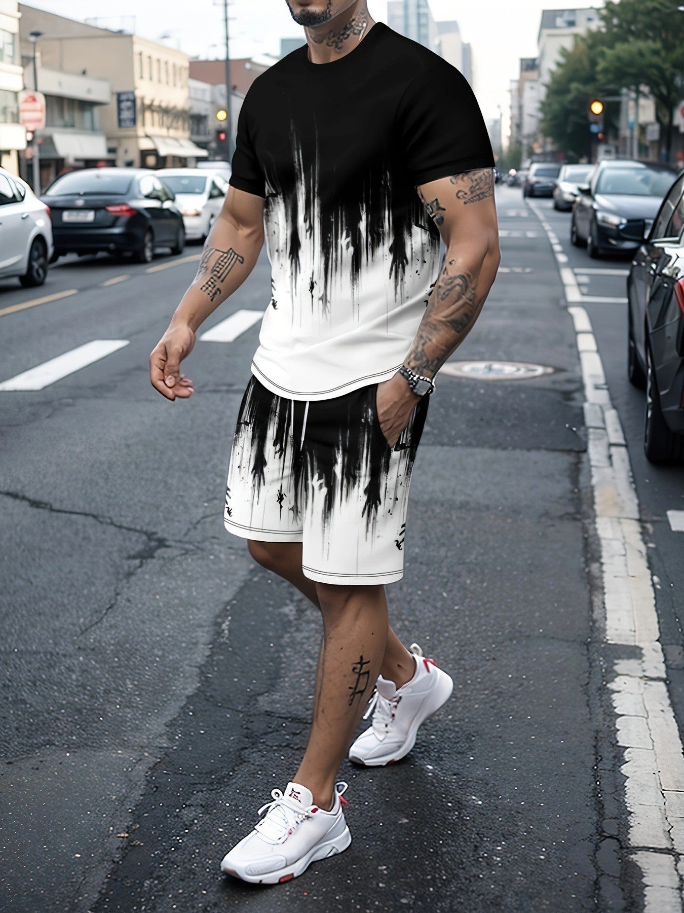 Round Neck Short Sleeve Printed T-Shirt Shorts Suit