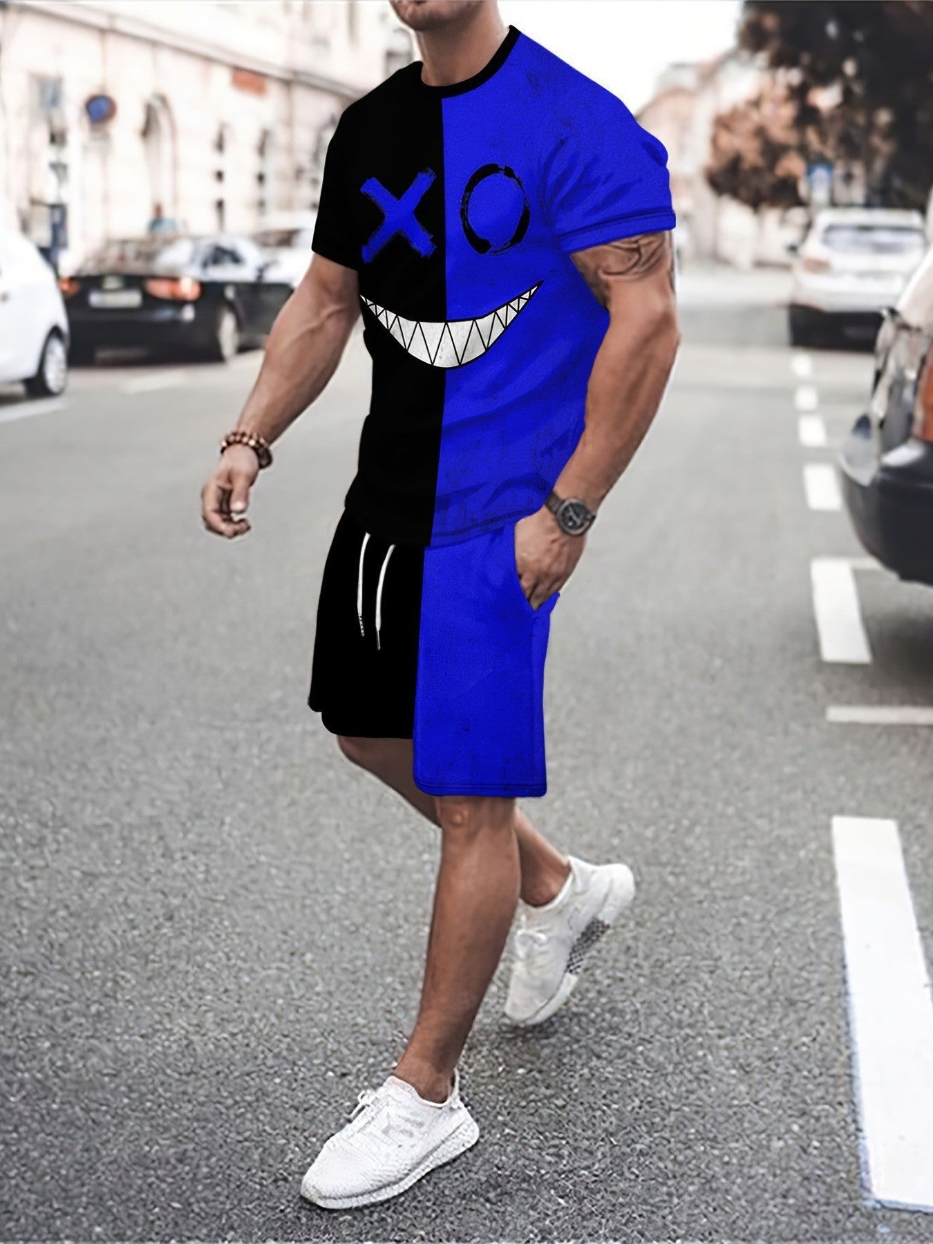Round Neck Short Sleeve Printed T-Shirt Shorts Suit