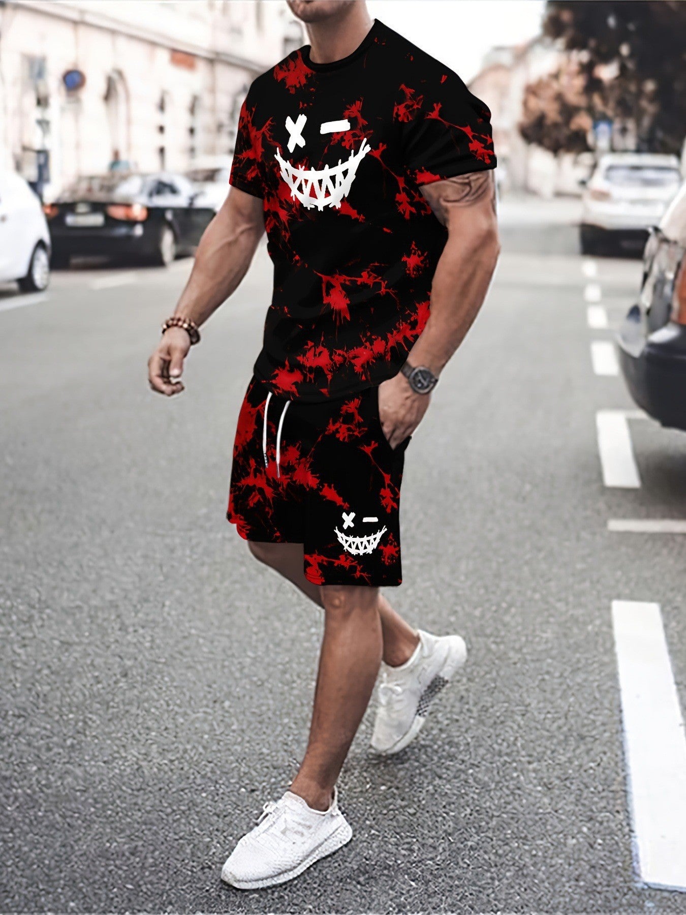 Round Neck Short Sleeve Printed T-Shirt Shorts Suit