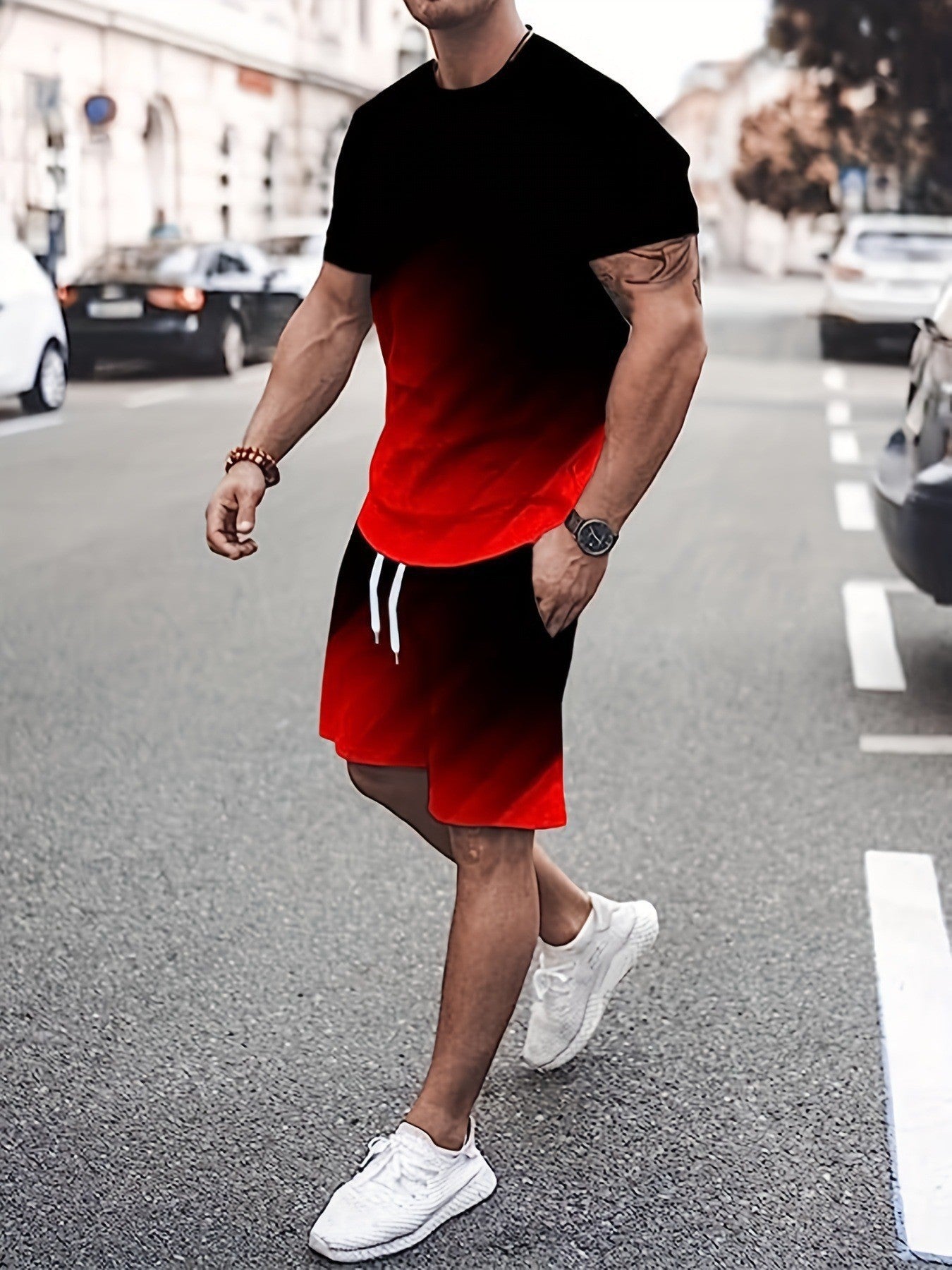 Round Neck Short Sleeve Printed T-Shirt Shorts Suit