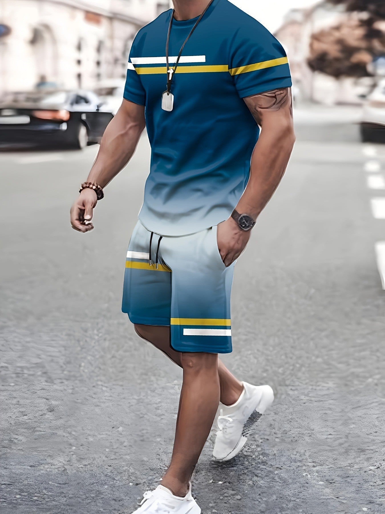 Round Neck Short Sleeve Printed T-Shirt Shorts Suit