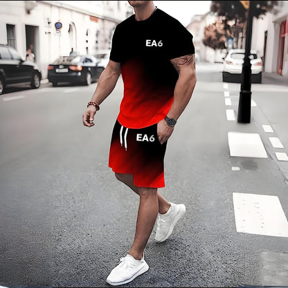 Round Neck Short Sleeve Printed T-Shirt Shorts Suit