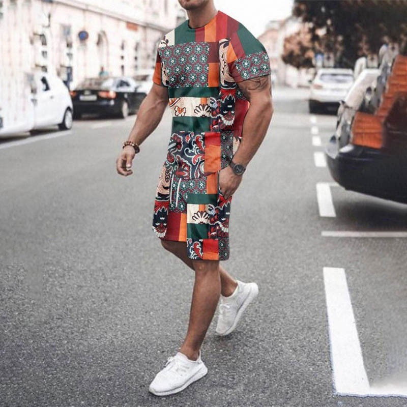 Round Neck Short Sleeve Printed T-Shirt Shorts Suit