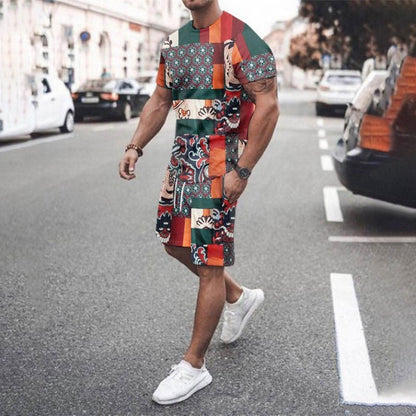 Round Neck Short Sleeve Printed T-Shirt Shorts Suit