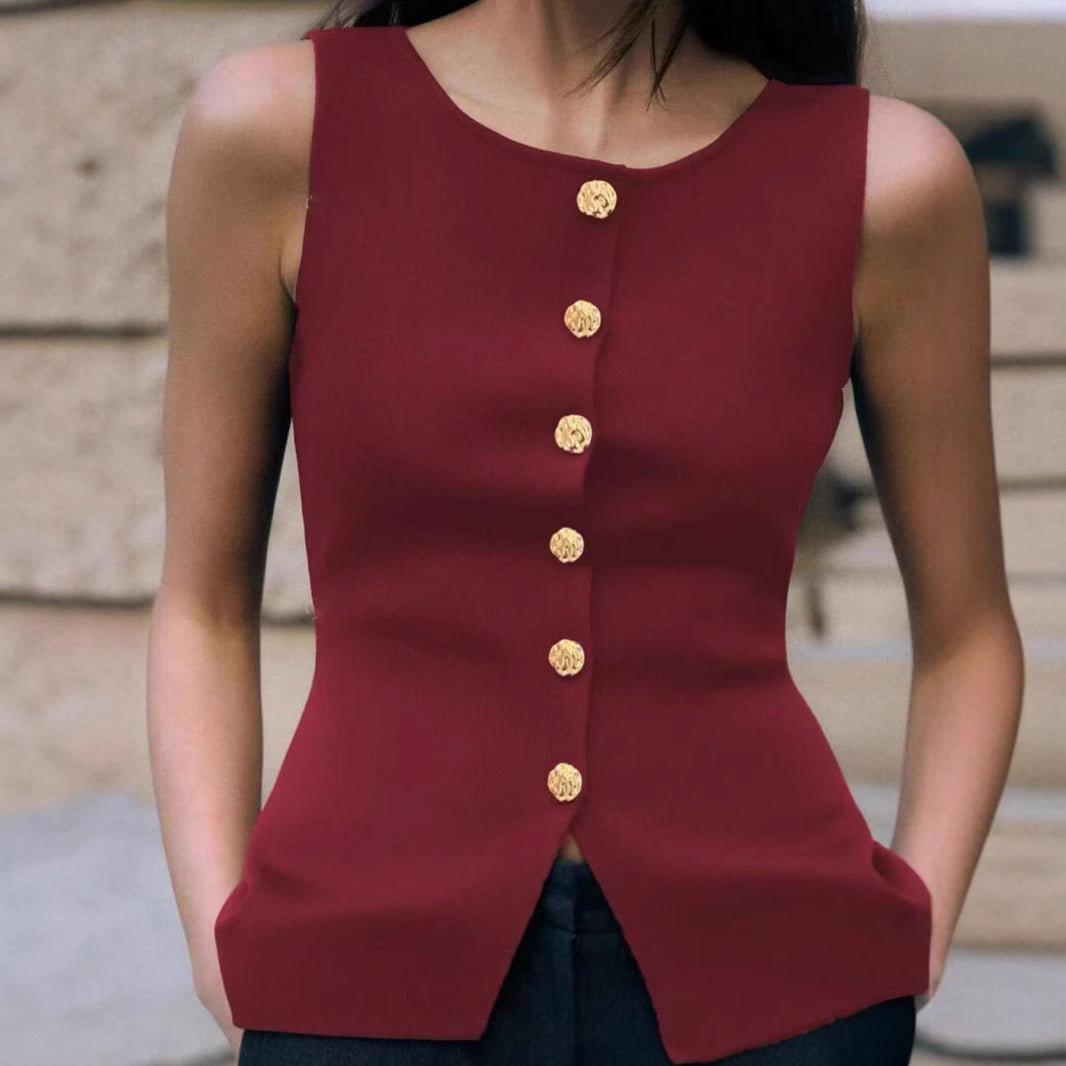 Round-neck sleeveless knitted cardigan