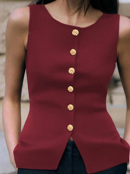 Round-neck sleeveless knitted cardigan