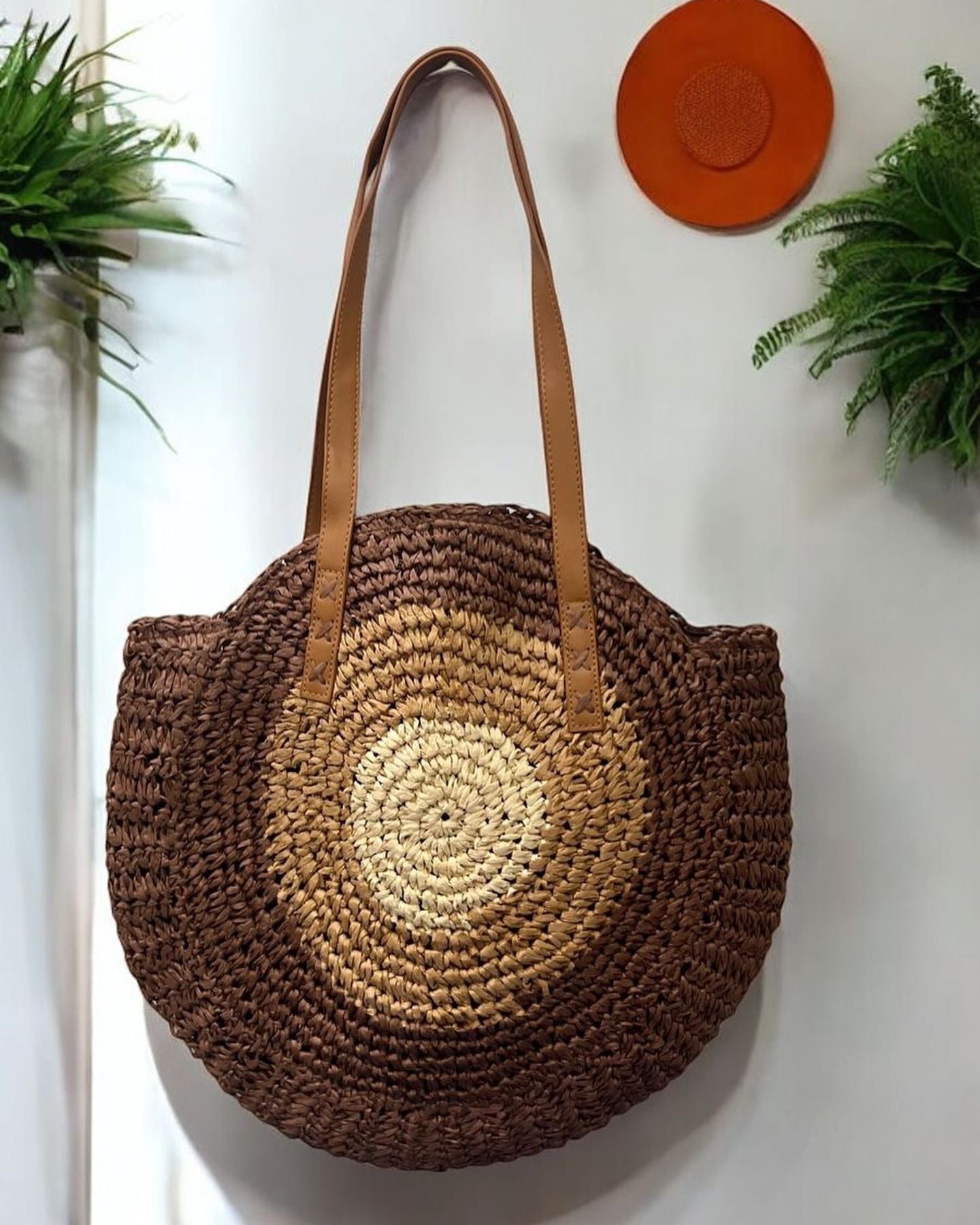 Round Woven Straw Shoulder Bag