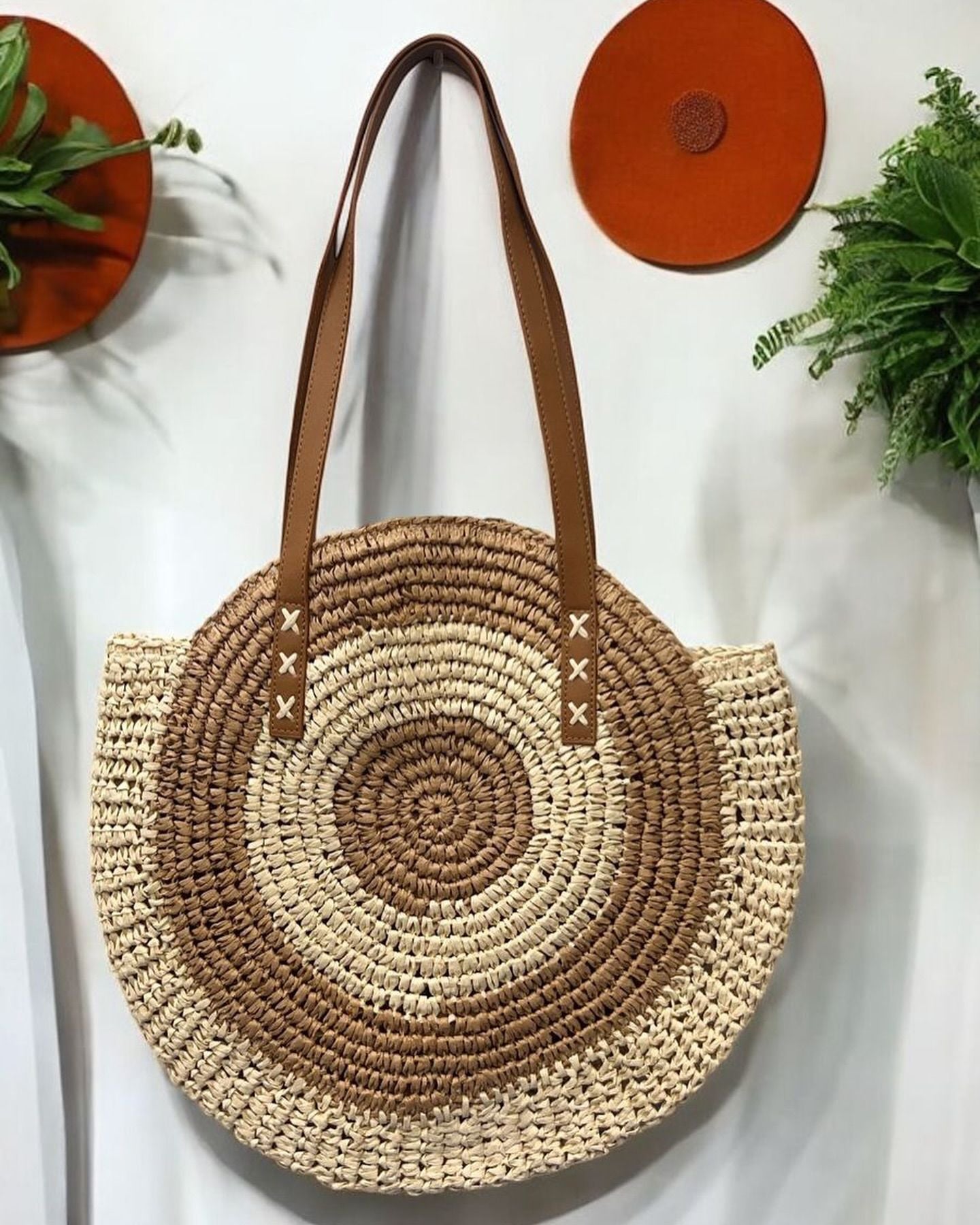 Round Woven Straw Shoulder Bag