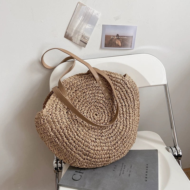 Round Woven Straw Shoulder Bag