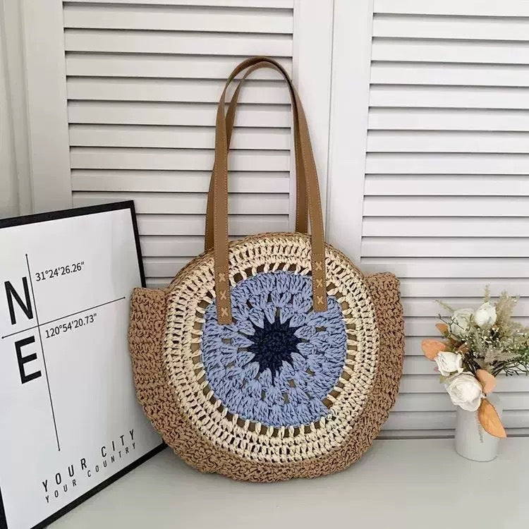 Round Woven Straw Tote Bag