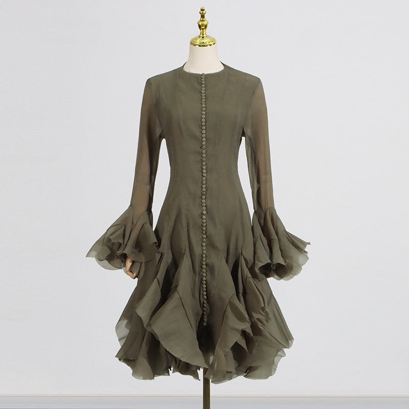 Ruffle High Neck Long Sleeve Dress