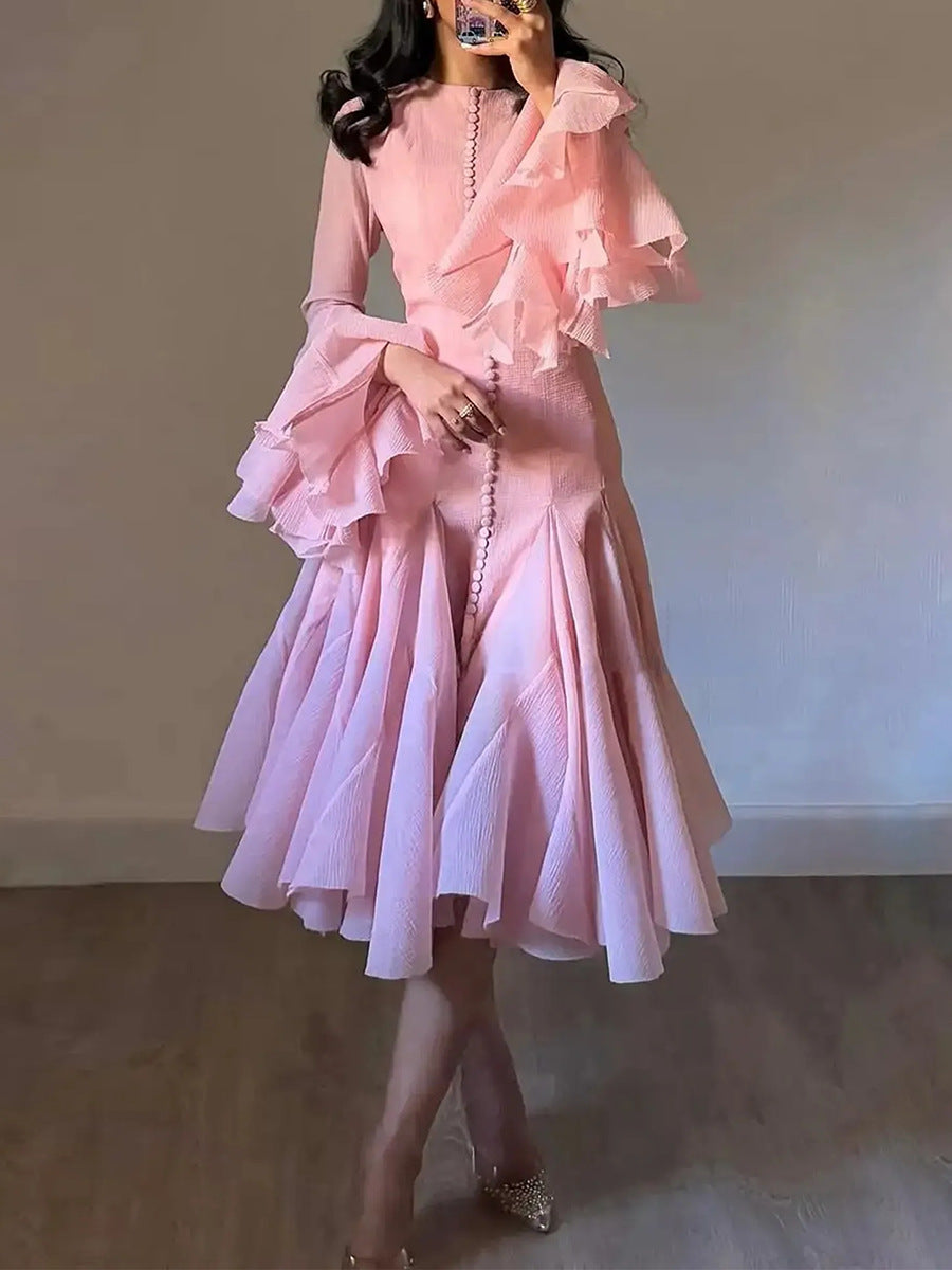 Ruffle High Neck Long Sleeve Dress