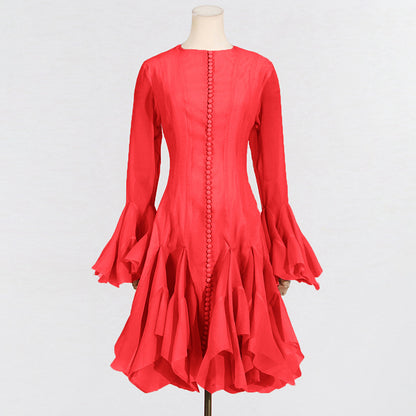Ruffle High Neck Long Sleeve Dress