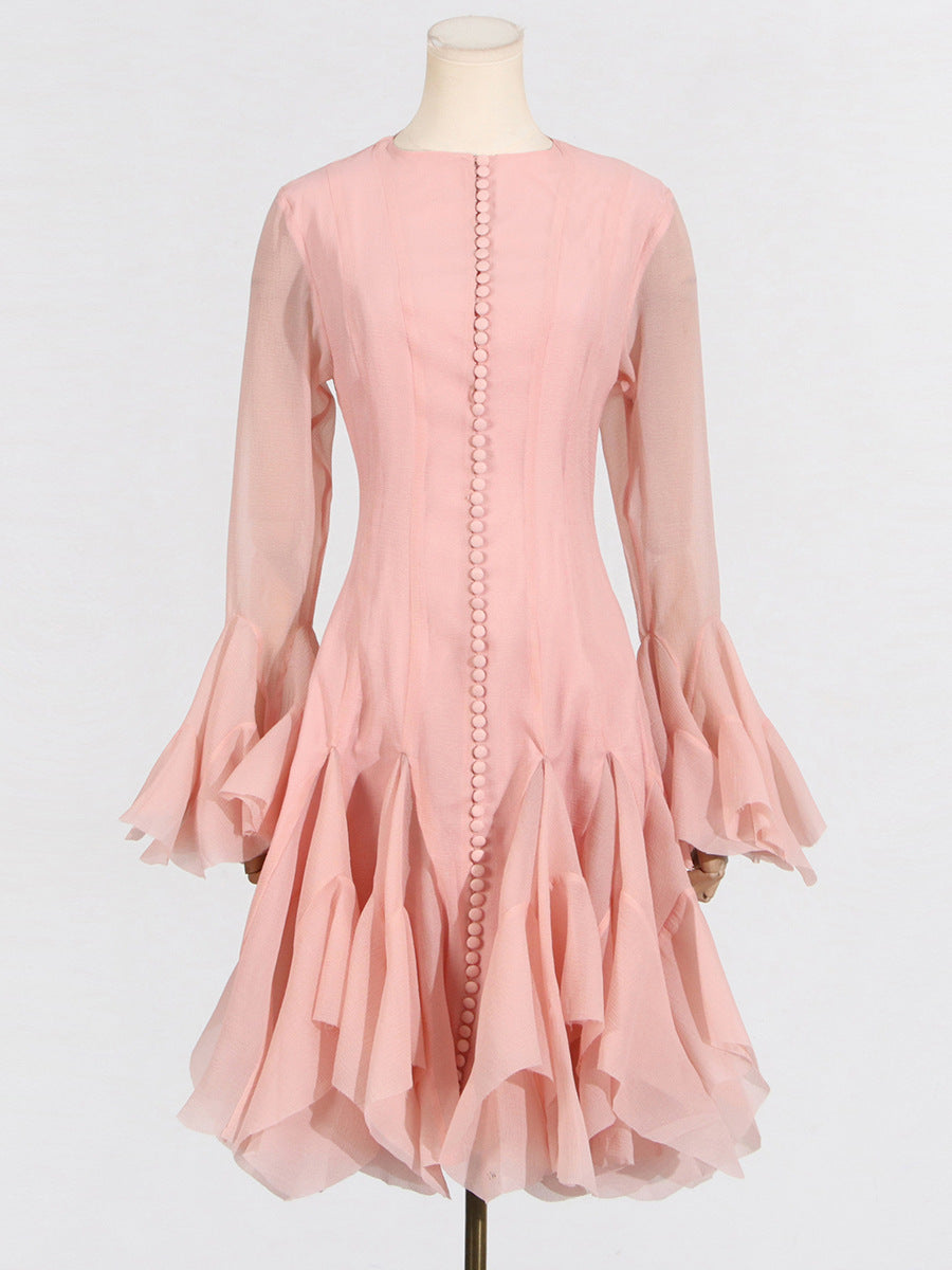 Ruffle High Neck Long Sleeve Dress