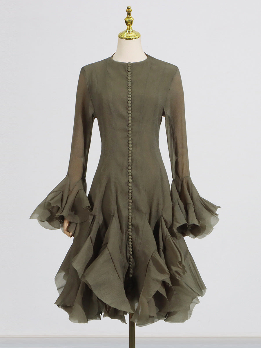 Ruffle High Neck Long Sleeve Dress