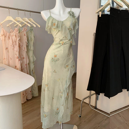 Ruffled Floral Dress with Cardigan Set
