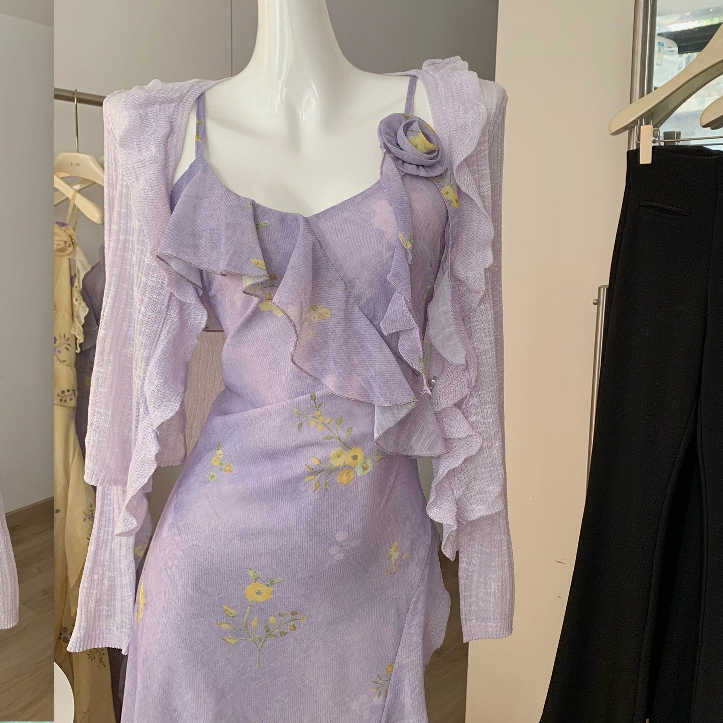 Ruffled Floral Dress with Cardigan Set