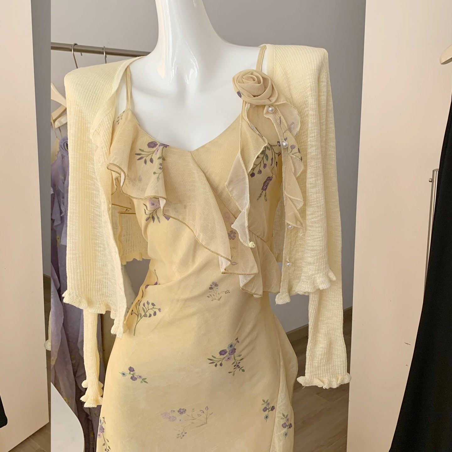 Ruffled Floral Dress with Cardigan Set