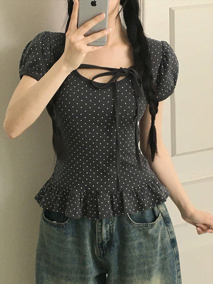 Ruffled Hem Puff Sleeve Bow Tie T-Shirt