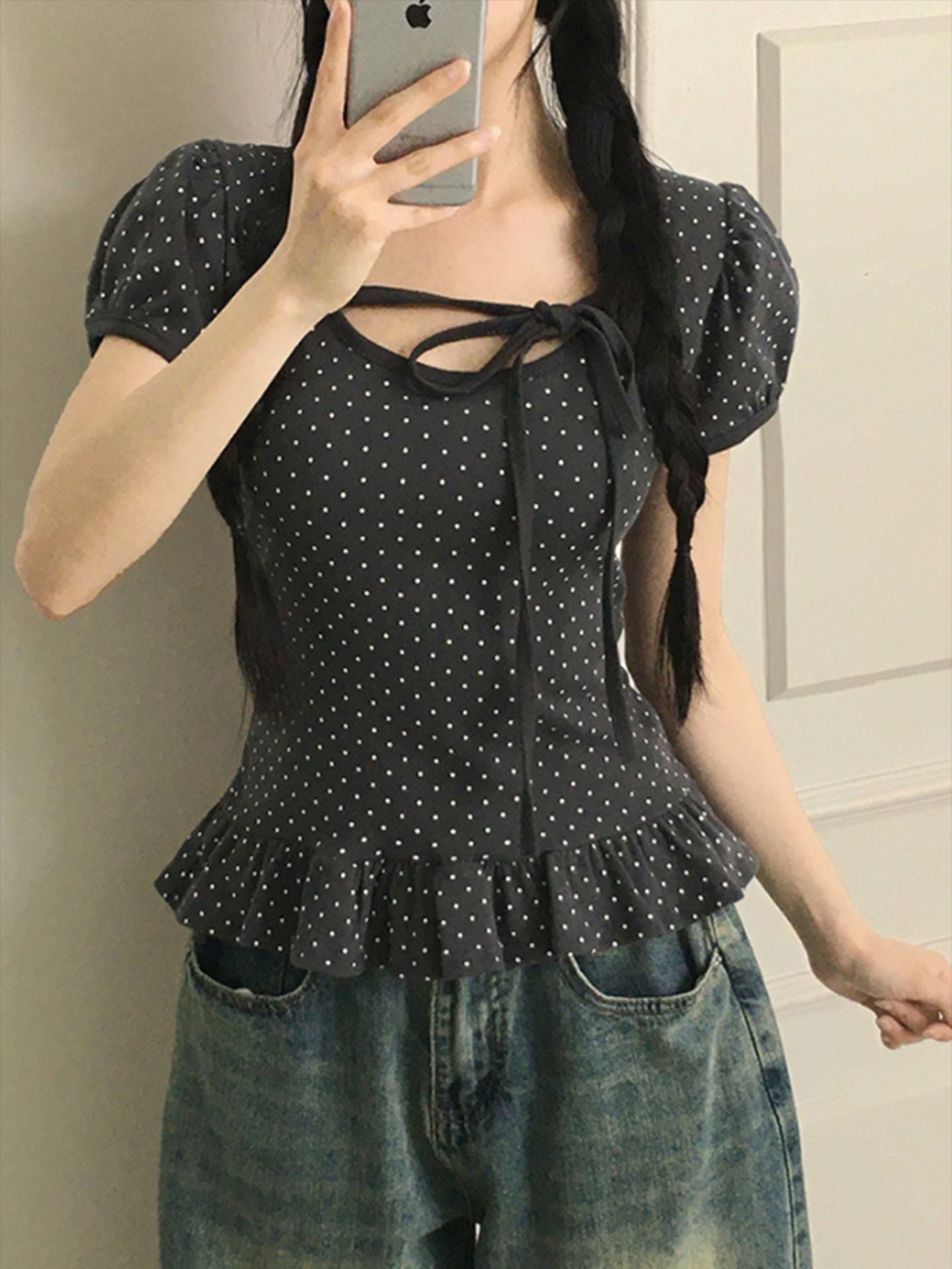 Ruffled Hem Puff Sleeve Bow Tie T-Shirt