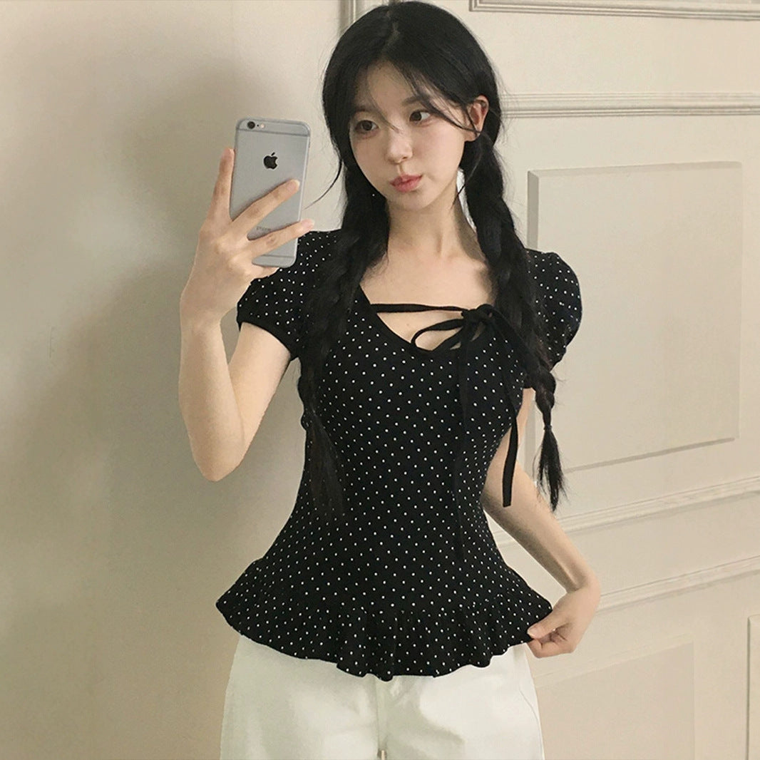 Ruffled Hem Puff Sleeve Bow Tie T-Shirt