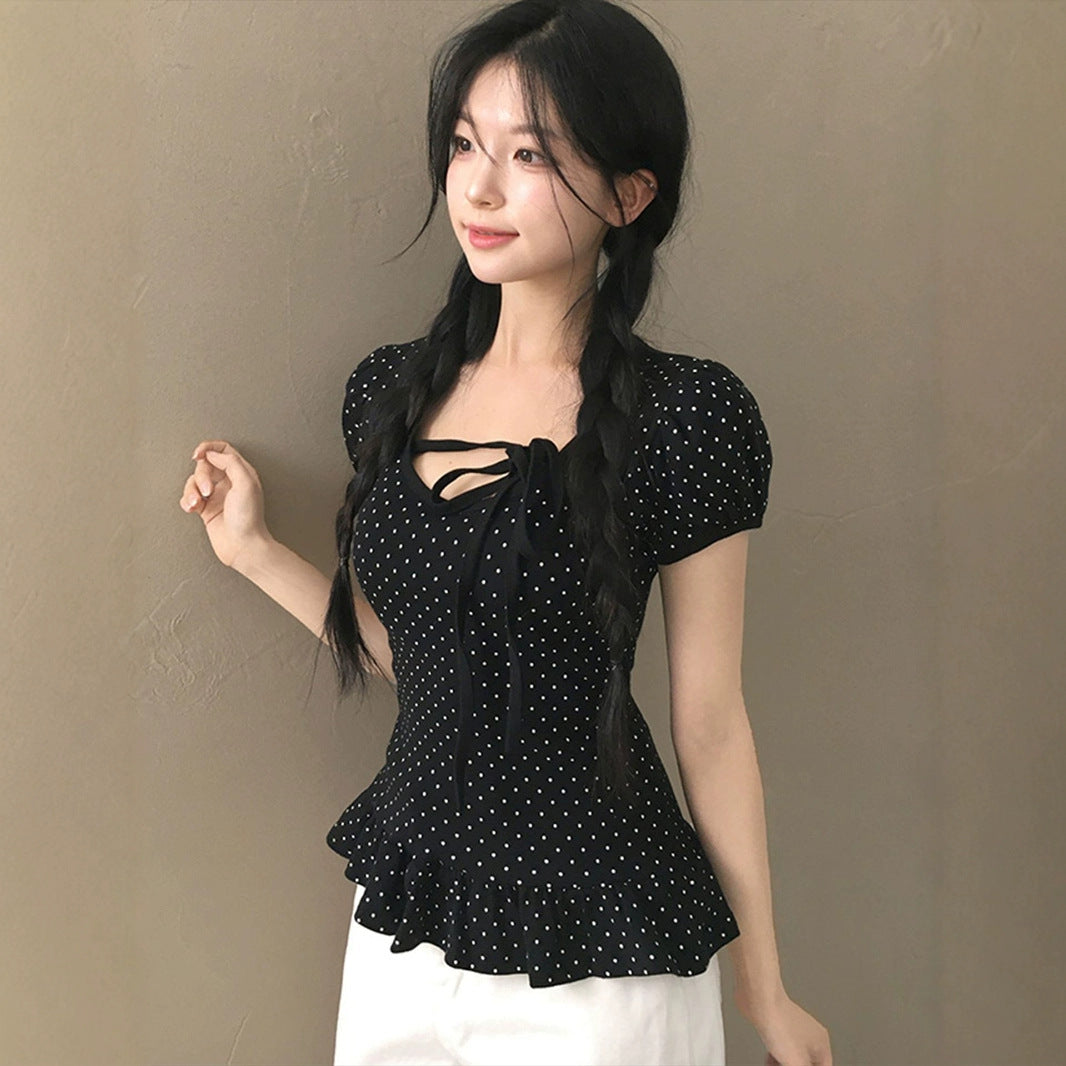 Ruffled Hem Puff Sleeve Bow Tie T-Shirt