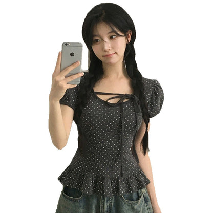 Ruffled Hem Puff Sleeve Bow Tie T-Shirt