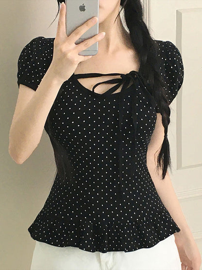 Ruffled Hem Puff Sleeve Bow Tie T-Shirt