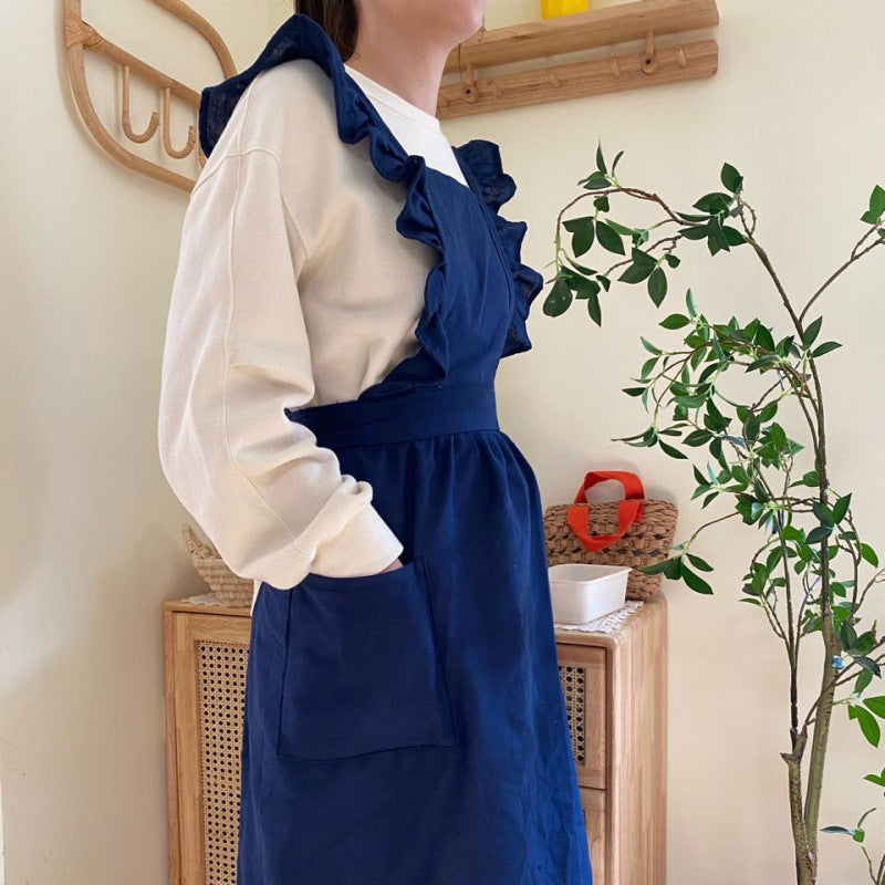 Ruffled Linen Apron for Home and Cafe Use