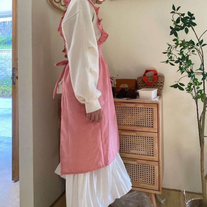 Ruffled Linen Apron for Home and Cafe Use