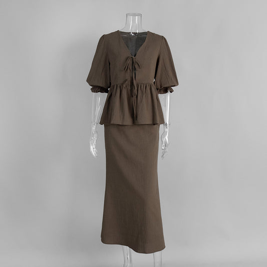 Ruffled Short-Sleeved Skirt Suit