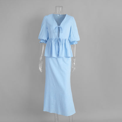 Ruffled Short-Sleeved Skirt Suit
