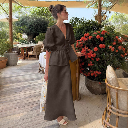 Ruffled Short-Sleeved Skirt Suit