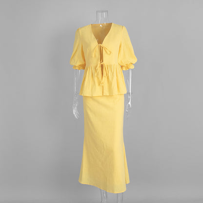 Ruffled Short-Sleeved Skirt Suit
