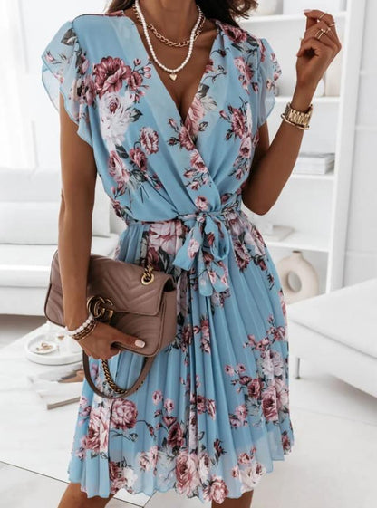 Ruffled short-sleeved V-neck printed dress