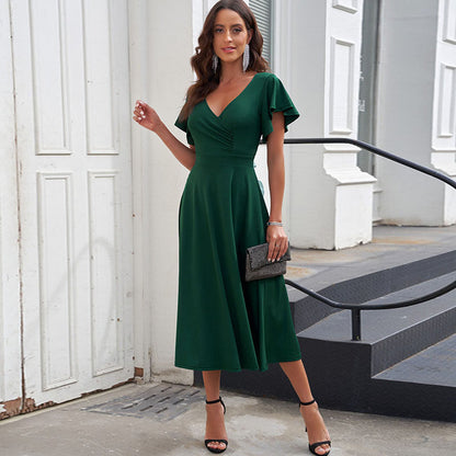 Ruffled V-Neck Waist-Slimming Midi Dress