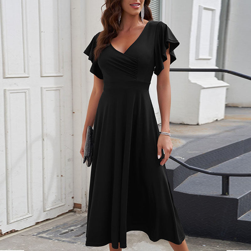 Ruffled V-Neck Waist-Slimming Midi Dress